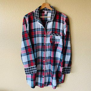 Victoria's Secret Plaid Holiday Christmas Button Down Sleepshirt Love On Pocket